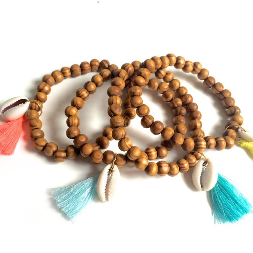 Tassel Shell Dark Wood Beaded Mala Bracelets